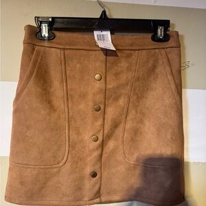 Button-Front Suede-Look Mini Skirt in Tan
